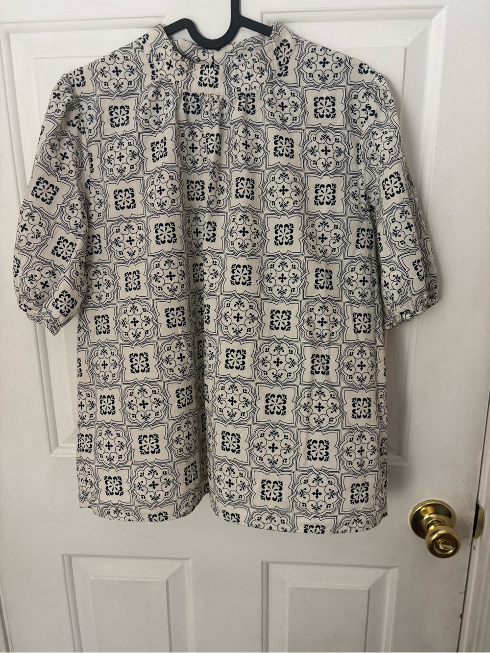 Ann Taylor Cream Blouse with Black Geometric Print
